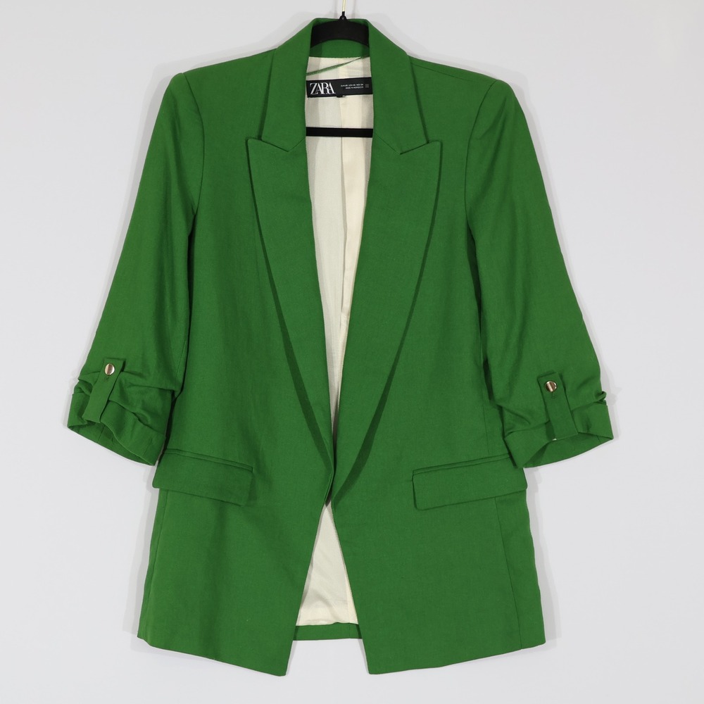 Zara Ruched Sleeve Blazer Womens XS Green Linen Blend Open Front Chic Career